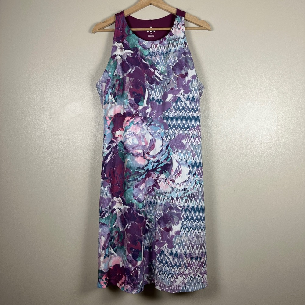prAna Women's XL Dress Purple Floral Geometric Racerback Athleisure